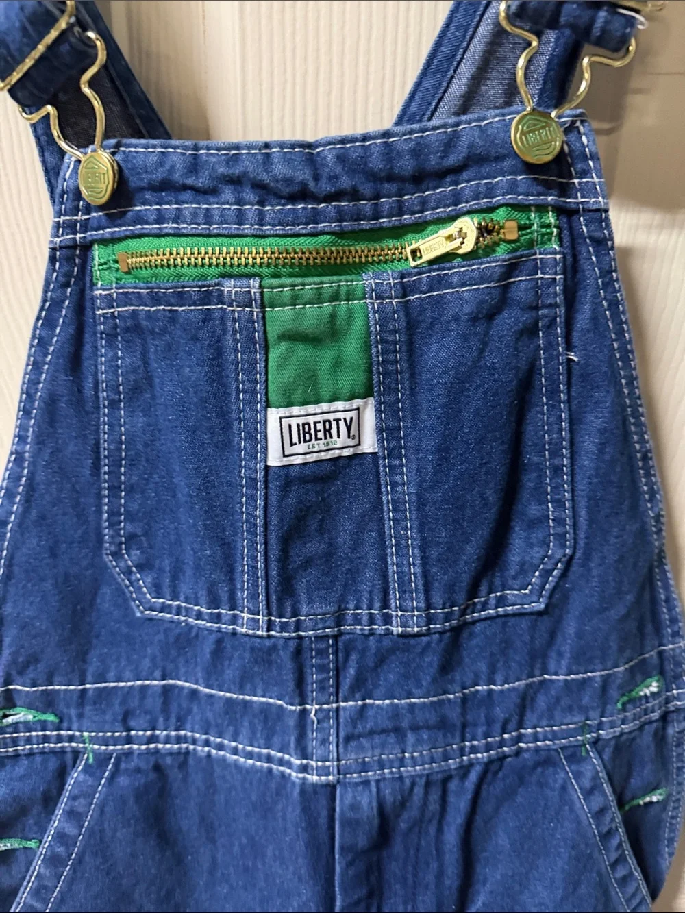 Boys Classic Blue Denim Overalls with Green Accent